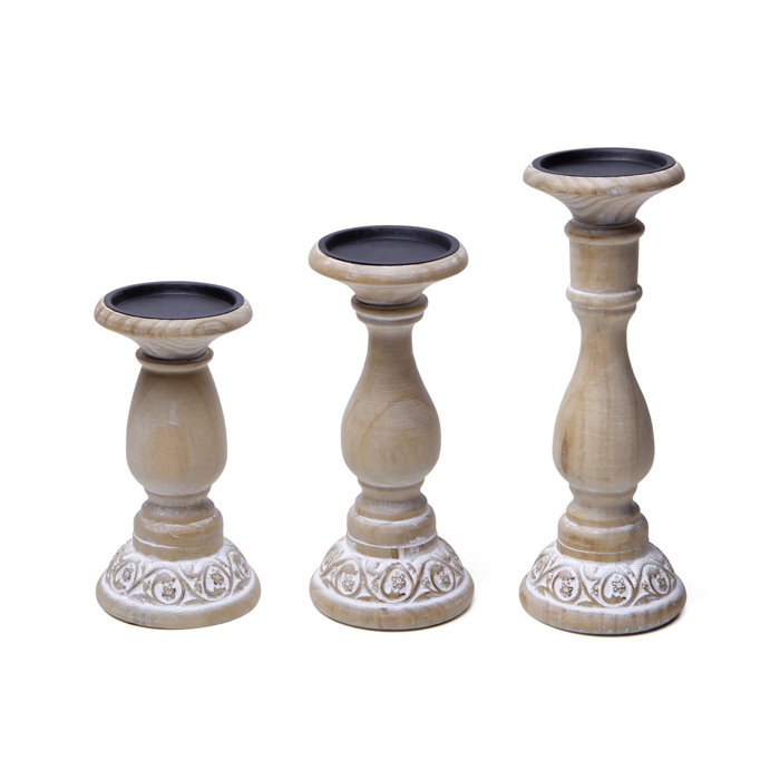 Langley Street Candlelight Lane 3 Piece Wood Tabletop Candlestick Set